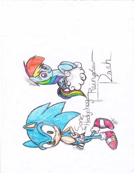 Size: 2550x3300 | Tagged: artist:spectra-the-hedgehog, crossover, derpibooru import, rainbow dash, safe, sideways image, sonic the hedgehog, sonic the hedgehog (series), traditional art