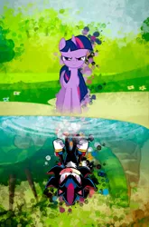 Size: 1202x1826 | Tagged: angry, artist:ultimate-xovers, crossover, derpibooru import, lake, reflection, safe, shadow the hedgehog, sonic the hedgehog (series), twilight sparkle