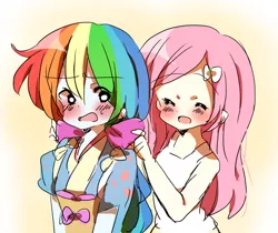 Size: 600x503 | Tagged: safe, artist:lotte, derpibooru import, fluttershy, rainbow dash, human, equestria girls, blushing, bow, clothes, duo, hair bow, humanized, kimono (clothing), model, modeling, open mouth, pony coloring, rainbow dash always dresses in style, smiling, tasuki