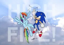 Size: 4300x3000 | Tagged: artist:redapropos, cloud, crossover, derpibooru import, high five, rainbow dash, safe, sonic the hedgehog, sonic the hedgehog (series)