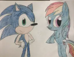 Size: 790x613 | Tagged: artist:derpyxdoctor, crossover, derpibooru import, rainbow dash, safe, sonic the hedgehog, sonic the hedgehog (series), traditional art