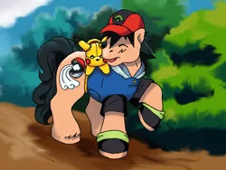 Size: 1024x768 | Tagged: safe, artist:clemikou, derpibooru import, ponified, pikachu, pony, ash ketchum, plushie, pokémon