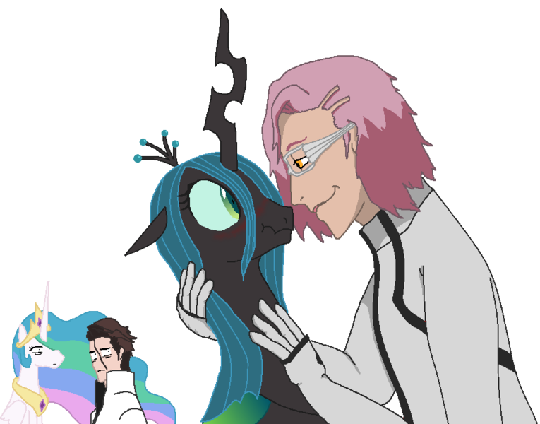 Size: 890x698 | Tagged: aizen sousuke, artist:unbiased philosopher, bleach (manga), blushing, crack shipping, crossover, crossover shipping, derpibooru import, embrace, princess celestia, queen chrysalis, safe, scrunchy face, shipping, simple background, szayel aporro granz, transparent background