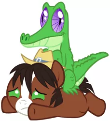 Size: 880x964 | Tagged: safe, artist:red4567, derpibooru import, gummy, trouble shoes, alligator, pony, appleoosa's most wanted, baby, baby pony, cute, just my luck, ponies riding gators, riding, role reversal, troublebetes, weapons-grade cute