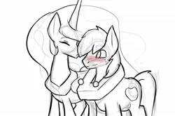 Size: 1500x1000 | Tagged: safe, artist:^:3, derpibooru import, big macintosh, princess celestia, earth pony, pony, /mlp/, 4chan, celestimac, cute, eyes closed, female, freckles, grayscale, kissing, male, monochrome, partial color, shipping, simple background, sketch, stallion, straight, wavy mouth, white background