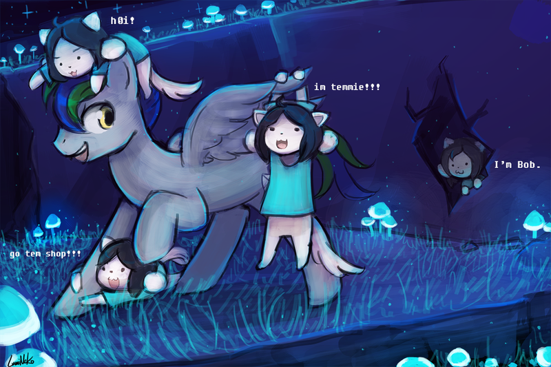 Size: 1125x750 | Tagged: safe, artist:lumineko, derpibooru import, oc, oc:right away, unofficial characters only, pegasus, pony, temmie, bob (undertale), cave, commission, male, mushrooms, stallion, temmie village, undertale