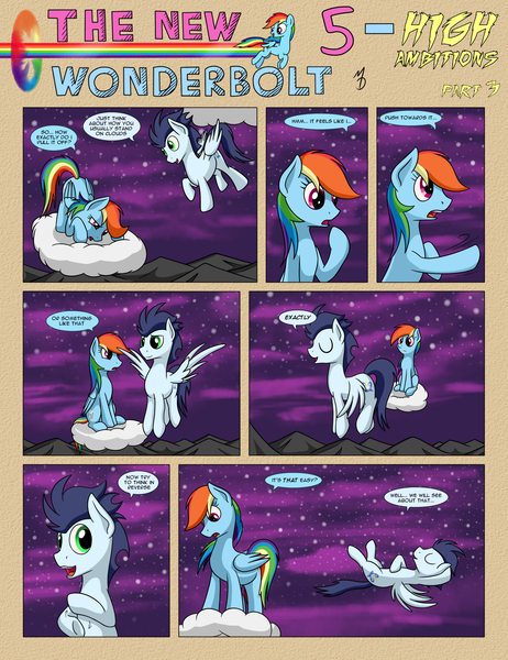 Size: 1600x2080 | Tagged: safe, artist:marmorexx, derpibooru import, rainbow dash, soarin', pony, comic:the new wonderbolt, cloud, comic, flying