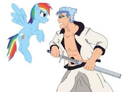 Size: 800x600 | Tagged: artist:unbiased philosopher, bleach (manga), crossover, derpibooru import, grimmjow jeagerjaquez, growling, rainbow dash, safe, simple background, transparent background