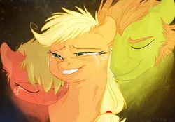 Size: 2549x1773 | Tagged: safe, artist:graystripe64, derpibooru import, applejack, earth pony, pony, applejack's dad, applejack's mom, applejack's parents, crying, eyes closed, family, father, female, freckles, hat, ma apple, male, mare, mother, pa apple, smiling, stallion