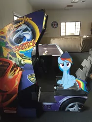 Size: 2448x3264 | Tagged: safe, derpibooru import, rainbow dash, pony, arcade cabinet, backwards ballcap, baseball cap, cap, cruis'n exotica, hat, irl, lakeside cabins resort, michigan, new buffalo, photo, ponies in real life, vector