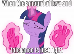 Size: 1169x860 | Tagged: caption, derpibooru import, edit, exploitable meme, hand, image macro, love and tolerate, magic, magic hands, meme, pacha, safe, solo, text, the emperor's new groove, twilight sparkle, when x just right
