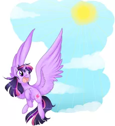 Size: 960x1048 | Tagged: safe, artist:theluckyangel, derpibooru import, twilight sparkle, twilight sparkle (alicorn), alicorn, pony, female, flying, happy, mare, open mouth, solo