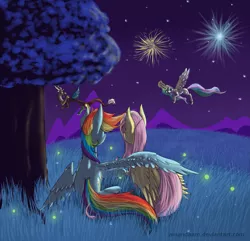Size: 1855x1790 | Tagged: safe, artist:amandaam, derpibooru import, discord, fluttershy, princess celestia, rainbow dash, firefly (insect), insect, american independence day, female, fireworks, flutterdash, hug, independence day, lesbian, night, shipping, tree, winghug