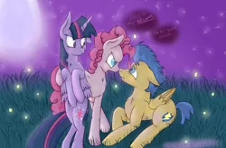Size: 2581x1692 | Tagged: safe, artist:amandaam, derpibooru import, flash sentry, pinkie pie, twilight sparkle, twilight sparkle (alicorn), alicorn, firefly (insect), insect, pony, armpits, boop, female, floppy ears, frown, lesbian, mare, moon, night, nose wrinkle, noseboop, possessive, shipping, twinkie