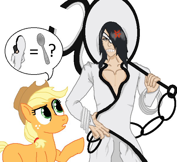 Size: 600x550 | Tagged: applejack, artist:unbiased philosopher, bleach (manga), crossover, derpibooru import, nnoitra gilga, raised eyebrow, safe, simple background, speech bubble, spoon, transparent background