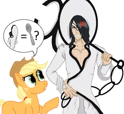 Size: 600x550 | Tagged: applejack, artist:unbiased philosopher, bleach (manga), crossover, derpibooru import, nnoitra gilga, raised eyebrow, safe, simple background, speech bubble, spoon, transparent background