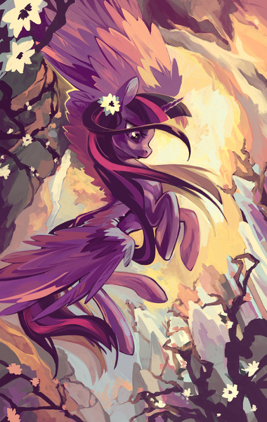 Size: 1229x1940 | Tagged: safe, artist:chio-kami, derpibooru import, twilight sparkle, twilight sparkle (alicorn), alicorn, pony, female, flower, flower in hair, flying, mare, solo, waterfall