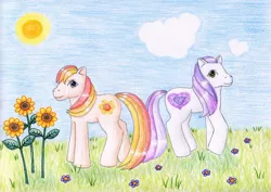 Size: 1024x725 | Tagged: artist:normaleeinsane, derpibooru import, flower, g3, lovey dovey (g3), safe, sunny sparkles, traditional art