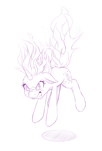 Size: 675x1000 | Tagged: angry, artist:dstears, derpibooru import, feeling pinkie keen, mane of fire, monochrome, pokémon, rapidash, rapidash twilight, safe, scene interpretation, shadow, simple background, solo, twilight sparkle