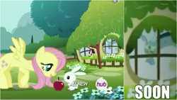 Size: 6144x3456 | Tagged: angel bunny, apple, creepy, derpibooru import, discord, fluttershy, fluttershy's cottage, food, hub logo, humor, meme, opening, safe, screencap