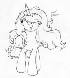 Size: 702x774 | Tagged: safe, artist:midwestbrony, derpibooru import, oc, oc:hemera, unofficial characters only, alicorn, pony, /mlp/, 4chan, alicorn oc, bump, frog (hoof), grayscale, happy, hoofbump, horn, meta, monochrome, smiling at you, solo, traditional art, underhoof, wings