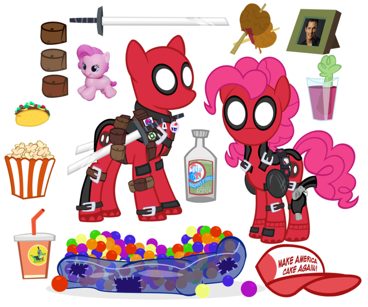 Size: 2500x2087 | Tagged: artist:pixelkitties, ball pit, clothes, costume, crossover shipping, dashcon, deadpool, derpibooru import, female, food, green lantern, gummy, gun, hat, male, pinkie pie, pinkiepool, pinkiepool (pairing), playskool, playskool friends, safe, simple background, solo, straight, sword, taco, taco bell, transparent background, vector, weapon