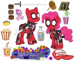 Size: 2500x2087 | Tagged: artist:pixelkitties, ball pit, clothes, costume, crossover shipping, dashcon, deadpool, derpibooru import, female, food, green lantern, gummy, gun, hat, male, pinkie pie, pinkiepool, pinkiepool (pairing), playskool, playskool friends, safe, simple background, solo, straight, sword, taco, taco bell, transparent background, vector, weapon