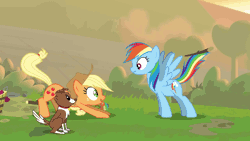 Size: 1280x720 | Tagged: safe, artist:brutalweather studio, derpibooru import, applejack, rainbow dash, winona, pony, animated, apple, apple thief (animation), behaving like a dog, cute, dashabetes, doggiejack, food, jackabetes, prehensile tail, silly, silly pony, stick, tongue out, who's a silly pony, youtube link, zap apple