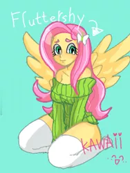 Size: 240x320 | Tagged: safe, artist:特命匿名員, derpibooru import, fluttershy, human, equestria girls, barrette, clothes, colored skin, cyan background, digital art, green sweater, hair accessory, hair ornament, hands together, humanized, kneeling, looking at you, off shoulder, off shoulder sweater, pixiv, pony coloring, sitting, socks, solo, spread wings, stockings, sweater, sweatershy, text, thigh highs, white stockings, winged humanization, wings
