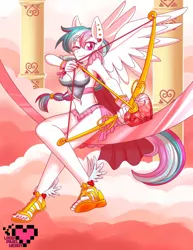 Size: 1582x2048 | Tagged: anthro, arrow, artist:ladypixelheart, bow and arrow, bow (weapon), breasts, cupid, derpibooru import, feet, female, holiday, nail polish, oc, oc:heart song, one eye closed, pegasus, plantigrade anthro, safe, sandals, solo, toenails, toes, unofficial characters only, valentine, valentine's day, weapon, wink