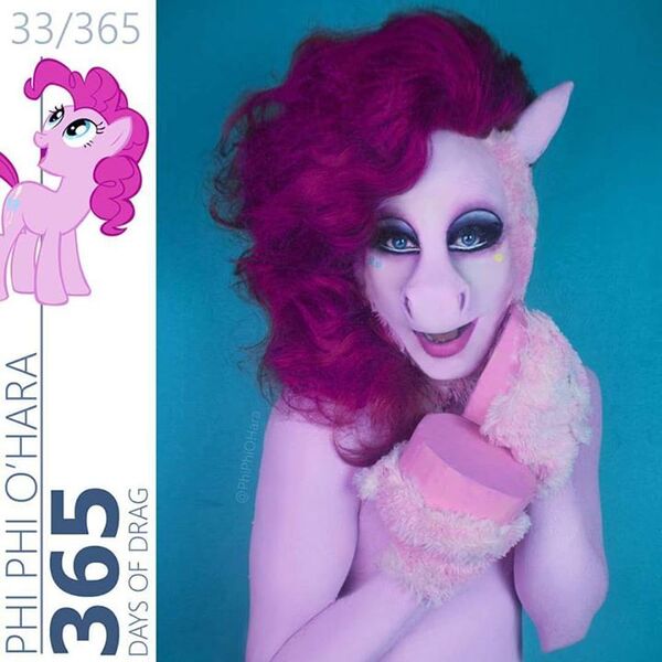 Size: 720x720 | Tagged: abomination, artist:phi phi o'hara, clothes, cosplay, costume, derpibooru import, human, irl, irl human, photo, pinkie pie, questionable, wat, what has science done, what has the make-up done