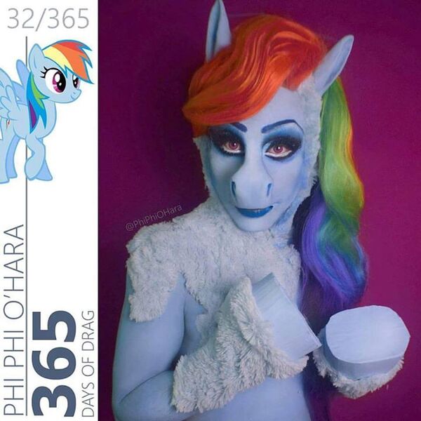 Size: 720x720 | Tagged: artist:phi phi o'hara, clothes, cosplay, costume, derpibooru import, human, irl, irl human, photo, questionable, rainbow dash, uncanny valley, wat, what has science done, what has the make-up done