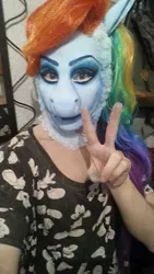 Size: 405x720 | Tagged: abomination, artist:phi phi o'hara, clothes, cosplay, costume, derpibooru import, human, irl, irl human, makeup, nightmare fuel, photo, rainbow dash, safe, uncanny valley, wat, what has science done