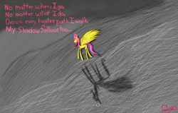 Size: 1280x817 | Tagged: artist:the claud, claud thinks he's a poet, derpibooru import, fluttershy, heart, implied depression, poem, poetry, safe, shadow, solo, text