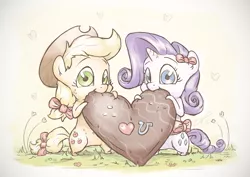 Size: 1440x1018 | Tagged: safe, artist:assasinmonkey, derpibooru import, part of a set, applejack, rarity, apples & gems calendar, bow, bowtie, chibi, cute, female, hair bow, heart, hearts and hooves day, holiday, lesbian, rarijack, shipping, tail bow, valentine's day