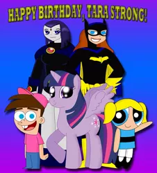 Size: 850x939 | Tagged: safe, artist:cyber-murph, derpibooru import, twilight sparkle, twilight sparkle (alicorn), alicorn, pony, batgirl, batman the animated series, bubbles (powerpuff girls), crossover, female, happy birthday, mare, my little pony, raven (teen titans), tara strong, teen titans, the fairly oddparents, the powerpuff girls, timmy turner, tribute