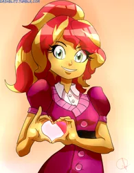 Size: 1641x2100 | Tagged: safe, artist:manic-the-lad, derpibooru import, sunset shimmer, equestria girls, a dash of everything, alternate hairstyle, cute, heart hands, hearts and hooves day, holiday, shimmerbetes, solo, valentine's day