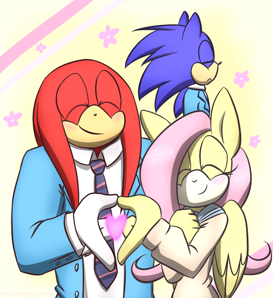 Size: 1100x1200 | Tagged: artist:hoshinousagi, crossover, crossover shipping, cute, derpibooru import, fluttershy, knuckles the echidna, ore monogatari!!, safe, shipping, sonic the hedgehog, sonic the hedgehog (series)