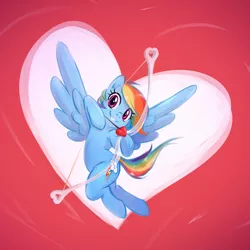 Size: 1500x1500 | Tagged: safe, artist:google-moogle, derpibooru import, rainbow dash, archer dash, archery, arrow, bow (weapon), bow and arrow, cupid, cupidash, cute, dashabetes, flying, grin, happy, holiday, looking at you, smiling, smirk, solo, valentine's day, weapon