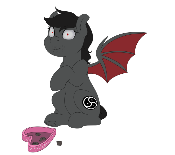 Size: 4500x4000 | Tagged: safe, artist:rue-willings, derpibooru import, oc, oc:qetesh, unofficial characters only, bat pony, pony, chocolate, food, holiday, sad, single awareness day, sitting, solo, valentine's day