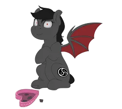 Size: 4500x4000 | Tagged: safe, artist:rue-willings, derpibooru import, oc, oc:qetesh, unofficial characters only, bat pony, pony, chocolate, food, holiday, sad, single awareness day, sitting, solo, valentine's day