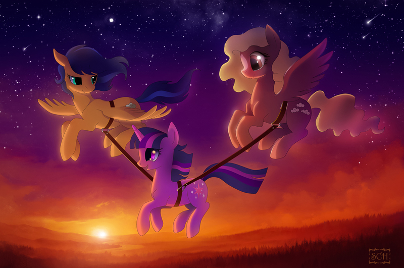 Size: 1000x664 | Tagged: safe, artist:scheadar, derpibooru import, twilight sparkle, oc, pegasus, pony, unicorn, assisted flying, dusk, starry night, stars, sunset, twilight (astronomy), unicorn twilight