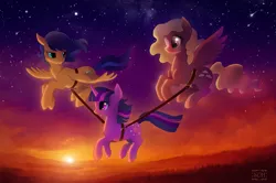 Size: 1000x664 | Tagged: safe, artist:scheadar, derpibooru import, twilight sparkle, oc, pegasus, pony, unicorn, assisted flying, dusk, starry night, stars, sunset, twilight (astronomy), unicorn twilight