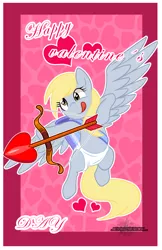 Size: 2000x3089 | Tagged: safe, artist:xwhitedreamsx, derpibooru import, derpy hooves, pegasus, pony, bow (weapon), card, cupid, diaper, female, flying, holiday, mare, solo, tongue out, valentine, valentine's day, valentine's day card