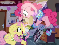 Size: 1000x773 | Tagged: safe, artist:pixelkitties, derpibooru import, fluttershy, pinkie pie, equestria girls, rainbow rocks, book, clothes, flashlight (object), pajamas, plushie, pounce, scary stories to tell in the dark, scene interpretation, slippers, surprised, wing hands, wings