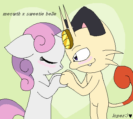 Size: 427x381 | Tagged: artist:lopez765, crack shipping, crossover, crossover shipping, derpibooru import, meowth, pokémon, safe, shipping, sweetie belle