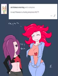 Size: 1275x1650 | Tagged: anthro, artist:inuyuru, ask, ask spines, big breasts, breasts, derpibooru import, drake (species), explicit source, female, oc, oc:diandra, oc:shiawa, siblings, sisters, suggestive, tumblr, unofficial characters only