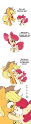 Size: 480x1920 | Tagged: safe, artist:kairean, derpibooru import, apple bloom, applejack, earth pony, pony, apple, applejack's hat, boop, comic, cowboy hat, crying, dialogue, duo, eating, female, filly, food, forever, hat, mare, noseboop, scrunchy face, siblings, simple background, sisters, teary eyes, translation, white background