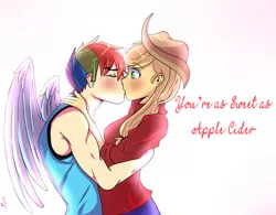 Size: 2178x1700 | Tagged: safe, artist:marima15, derpibooru import, applejack, rainbow dash, human, appleblitz (straight), appledash, blushing, cursive writing, female, freckles, half r63 shipping, holiday, hug, humanized, kissing, lesbian, male, rainbow blitz, rule 63, shipping, straight, valentine's day, winged humanization, wings