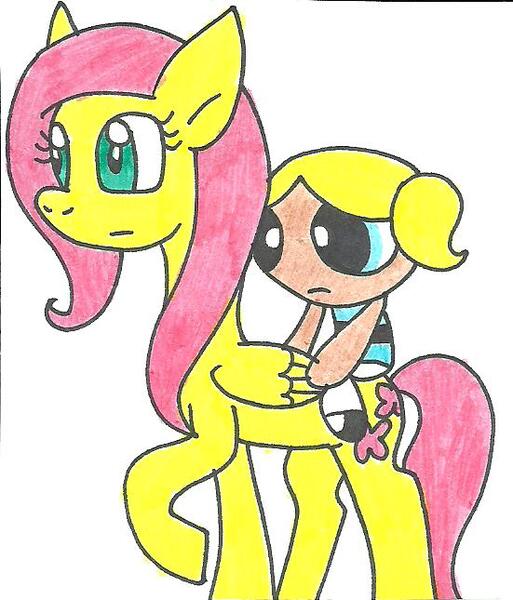 Size: 551x645 | Tagged: safe, artist:cmara, derpibooru import, fluttershy, human, pegasus, pony, bubbles (powerpuff girls), colored pencil drawing, crossover, duo, female, humans riding ponies, mare, riding, the powerpuff girls, traditional art